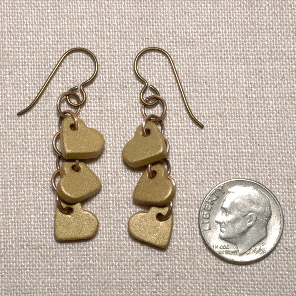Hand Crafted Handmade Earrings Satin Gold Ceramic Chain of Hearts Long E… - Picture 3 of 4